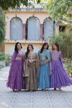 Jyoti Fashion Women's Jamuni, Beige, Sky Blue & Purple Star Georgette Rich Sequins Embroidered Combo Anarkali Set with Dupatta | Grocsy