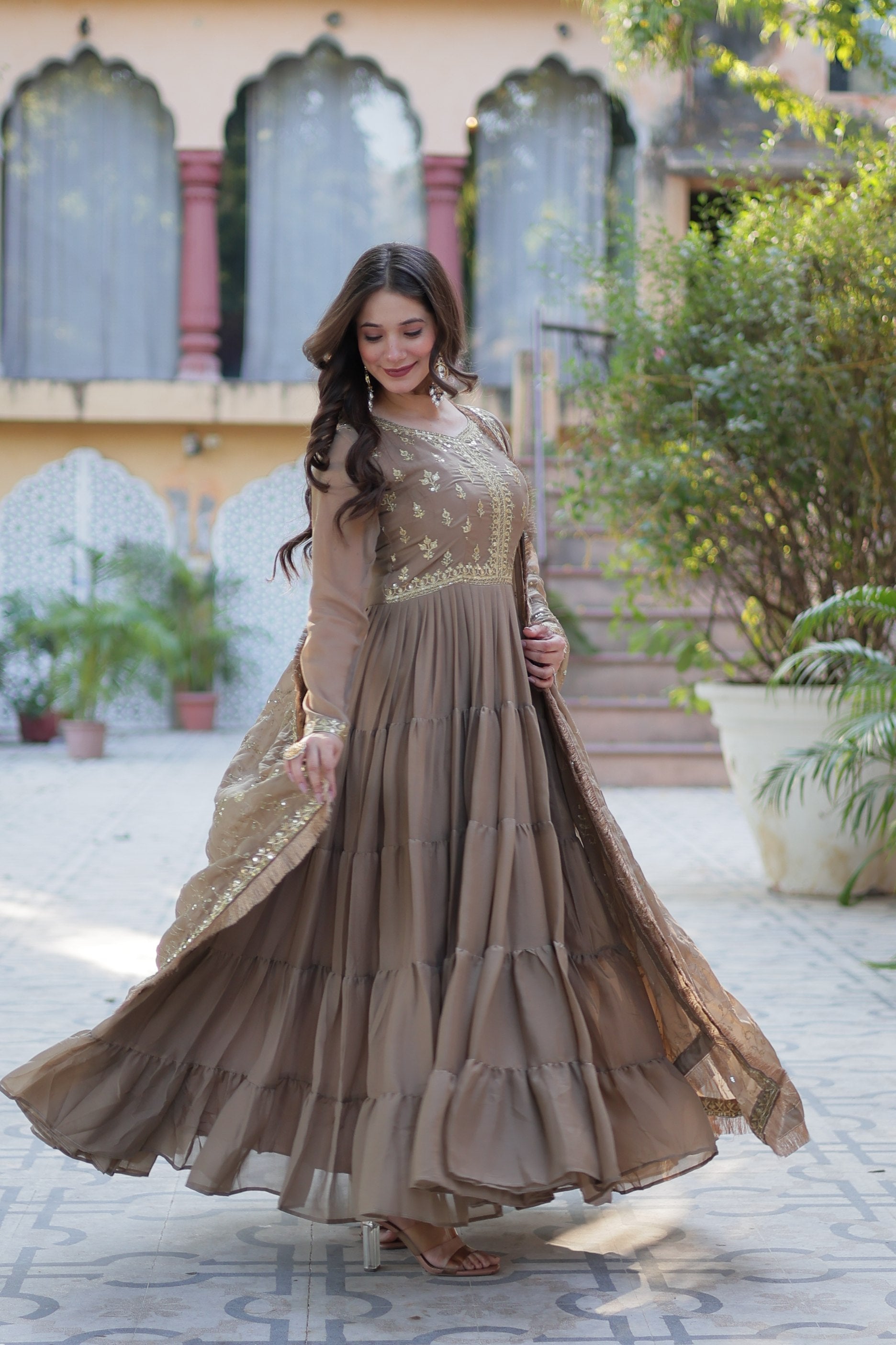 Jyoti Fashion Women's Beige Star Georgette Rich Sequins Embroidered Anarkali Set with Dupatta | Grocsy