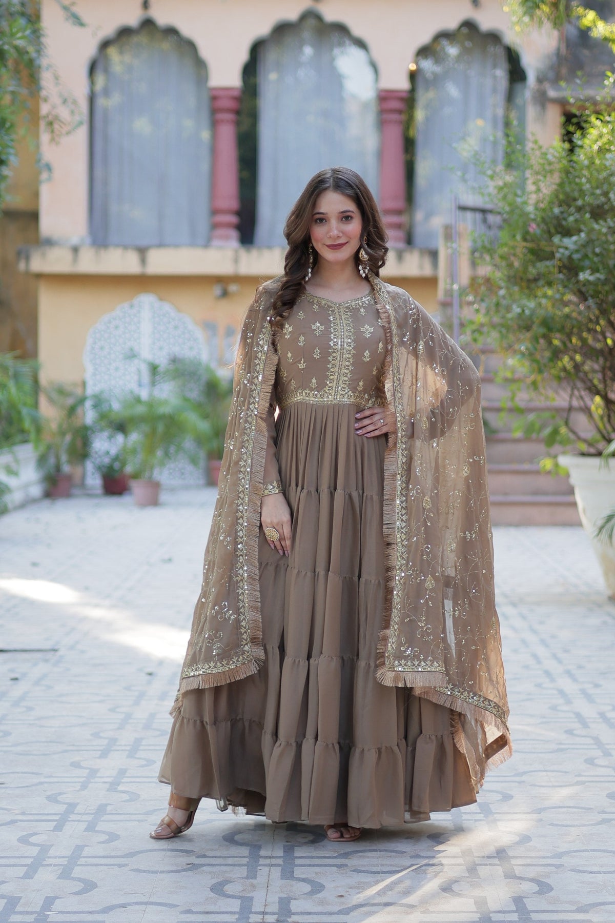 Jyoti Fashion Women's Beige Star Georgette Rich Sequins Embroidered Anarkali Set with Dupatta | Grocsy