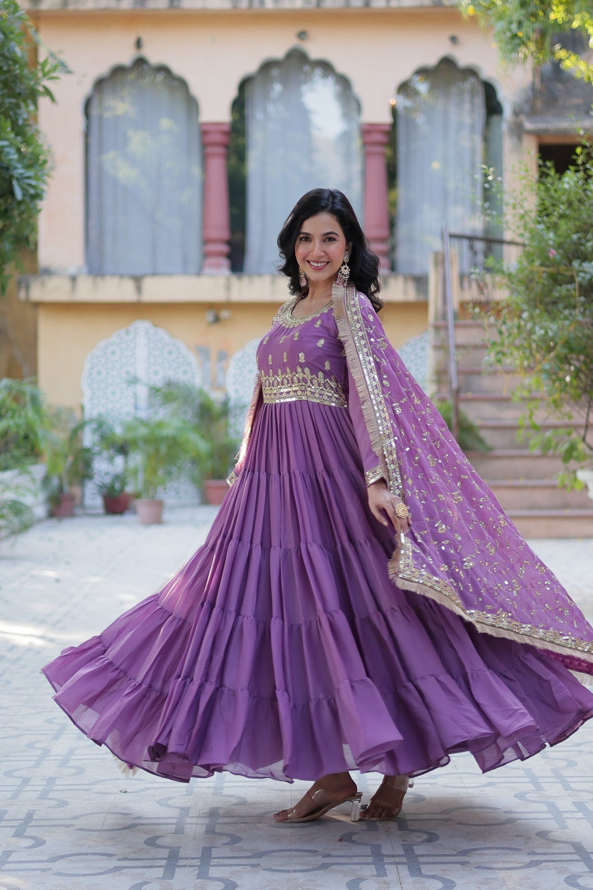 Jyoti Fashion Women's Jamuni Star Georgette Rich Sequins Embroidered Anarkali Set with Dupatta | Grocsy