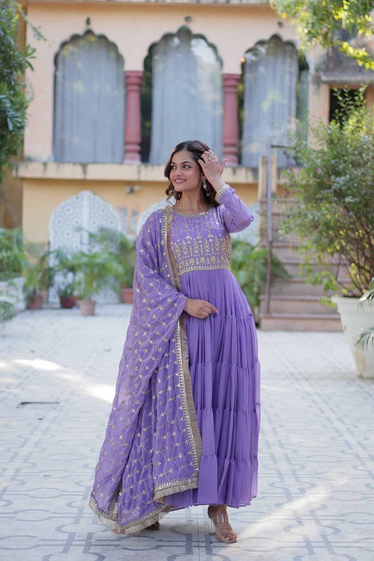 Jyoti Fashion Women's Purple Star Georgette Rich Sequins Embroidered Anarkali Set with Dupatta | Grocsy