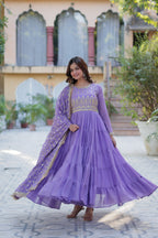 Jyoti Fashion Women's Purple Star Georgette Rich Sequins Embroidered Anarkali Set with Dupatta | Grocsy