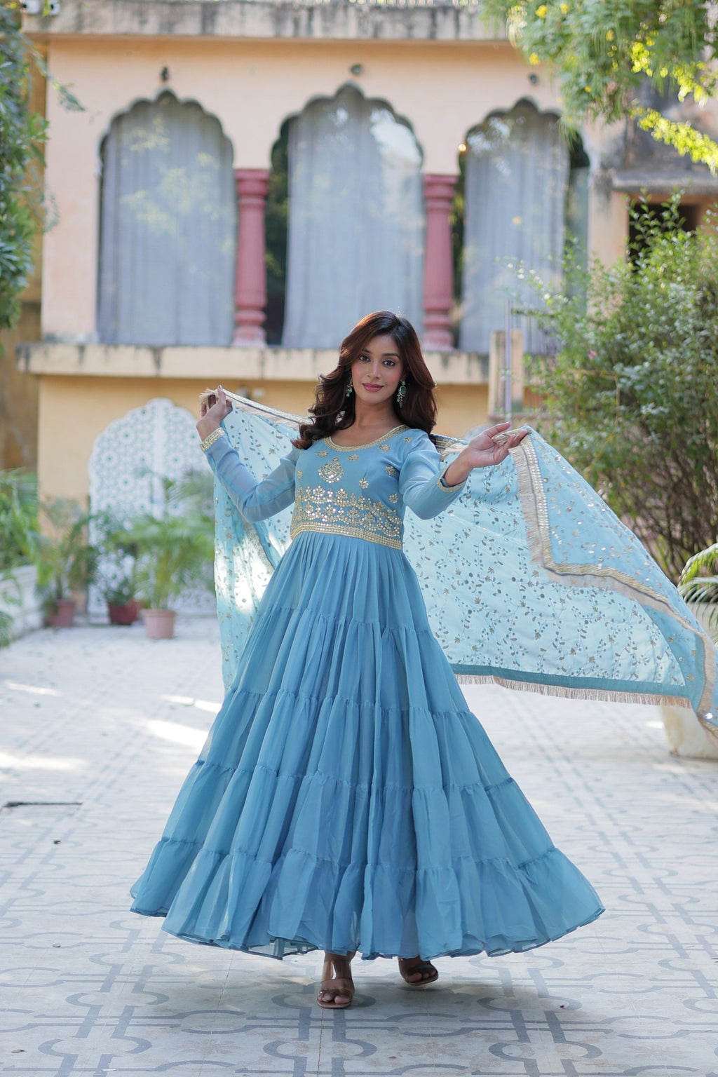 Jyoti Fashion Women's Sky Blue Star Georgette Rich Sequins Embroidered Anarkali Set with Dupatta | Grocsy