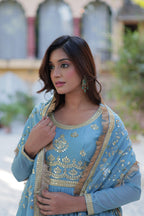 Jyoti Fashion Women's Sky Blue Star Georgette Rich Sequins Embroidered Anarkali Set with Dupatta | Grocsy