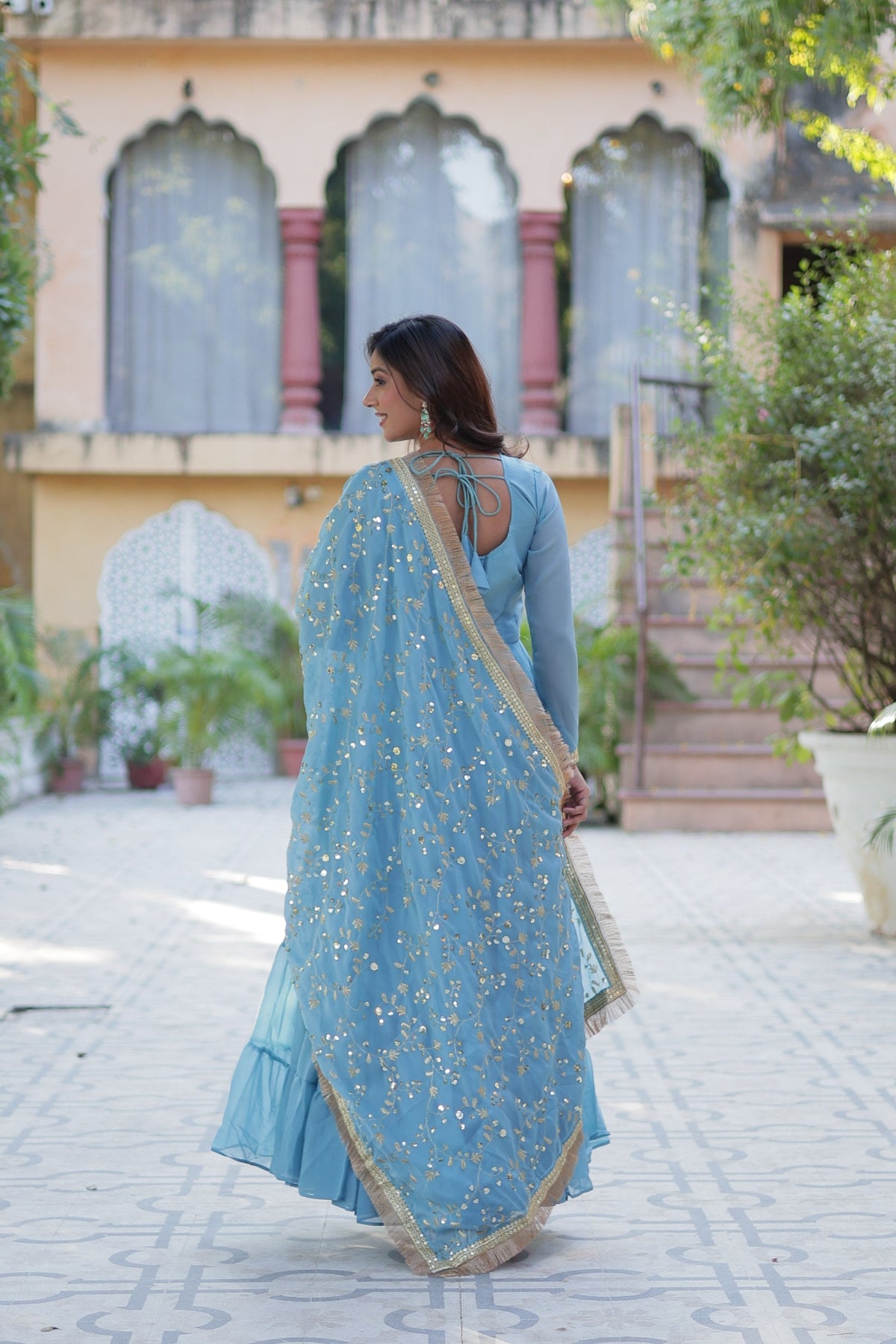 Jyoti Fashion Women's Sky Blue Star Georgette Rich Sequins Embroidered Anarkali Set with Dupatta | Grocsy