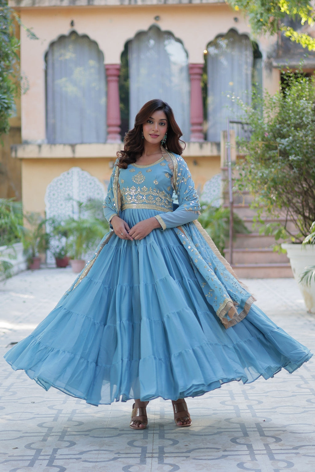 Jyoti Fashion Women's Sky Blue Star Georgette Rich Sequins Embroidered Anarkali Set with Dupatta | Grocsy