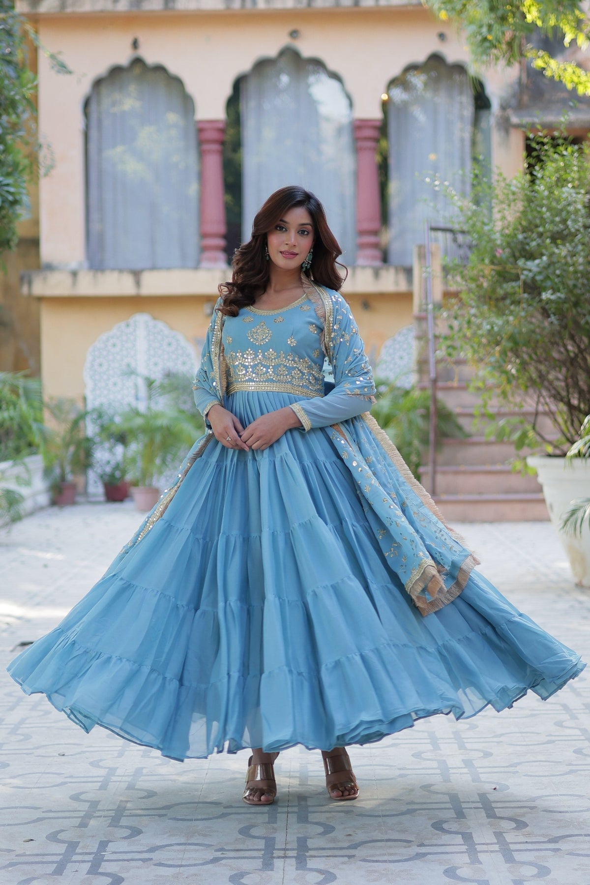 Jyoti Fashion Women's Sky Blue Star Georgette Rich Sequins Embroidered Anarkali Set with Dupatta | Grocsy