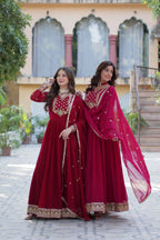 Jyoti Fashion Women's Maroon & Pink Faux Georgette Rich Sequins Embroidered Combo Anarkali Set with Dupatta | Grocsy