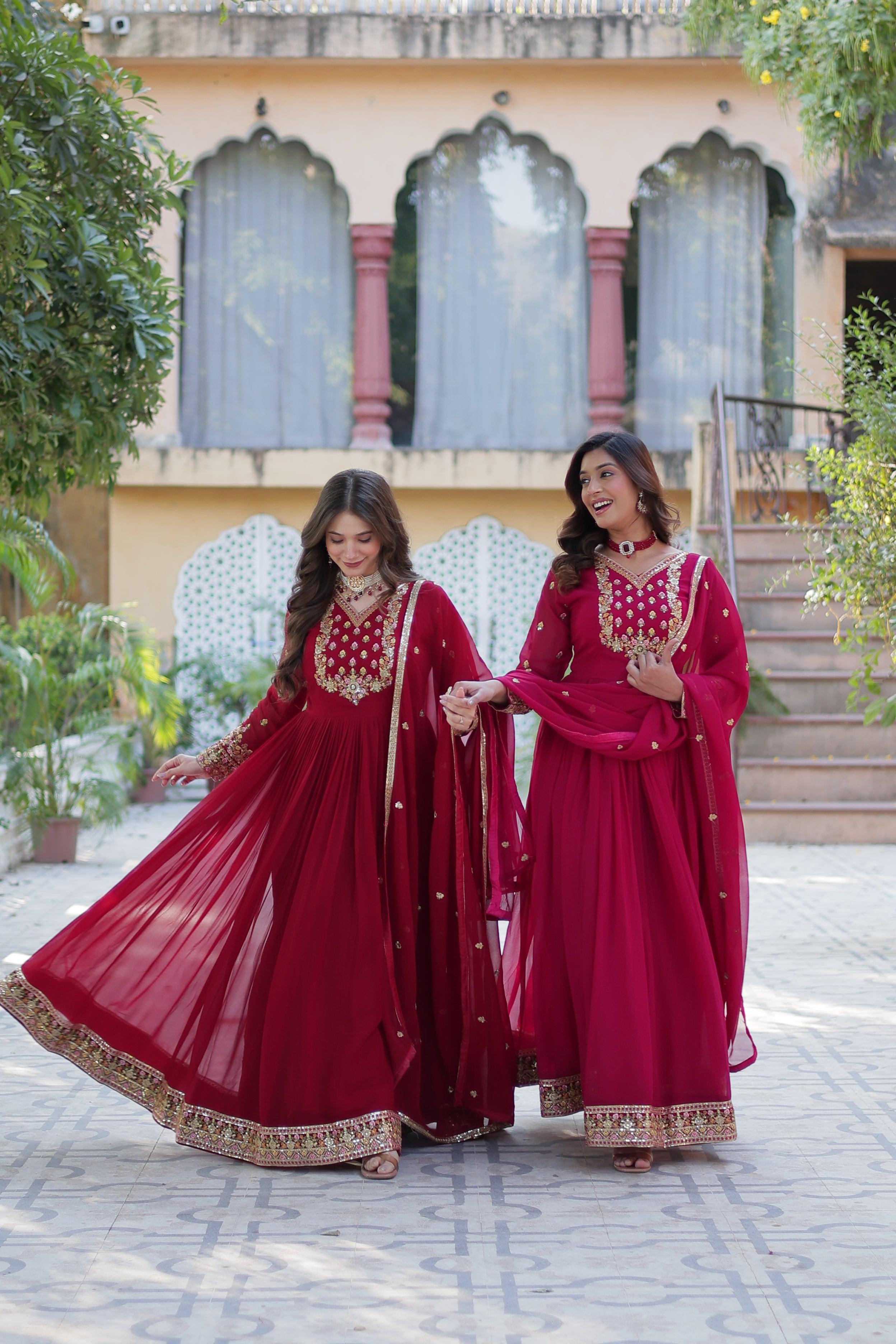 Jyoti Fashion Women's Maroon & Pink Faux Georgette Rich Sequins Embroidered Combo Anarkali Set with Dupatta | Grocsy