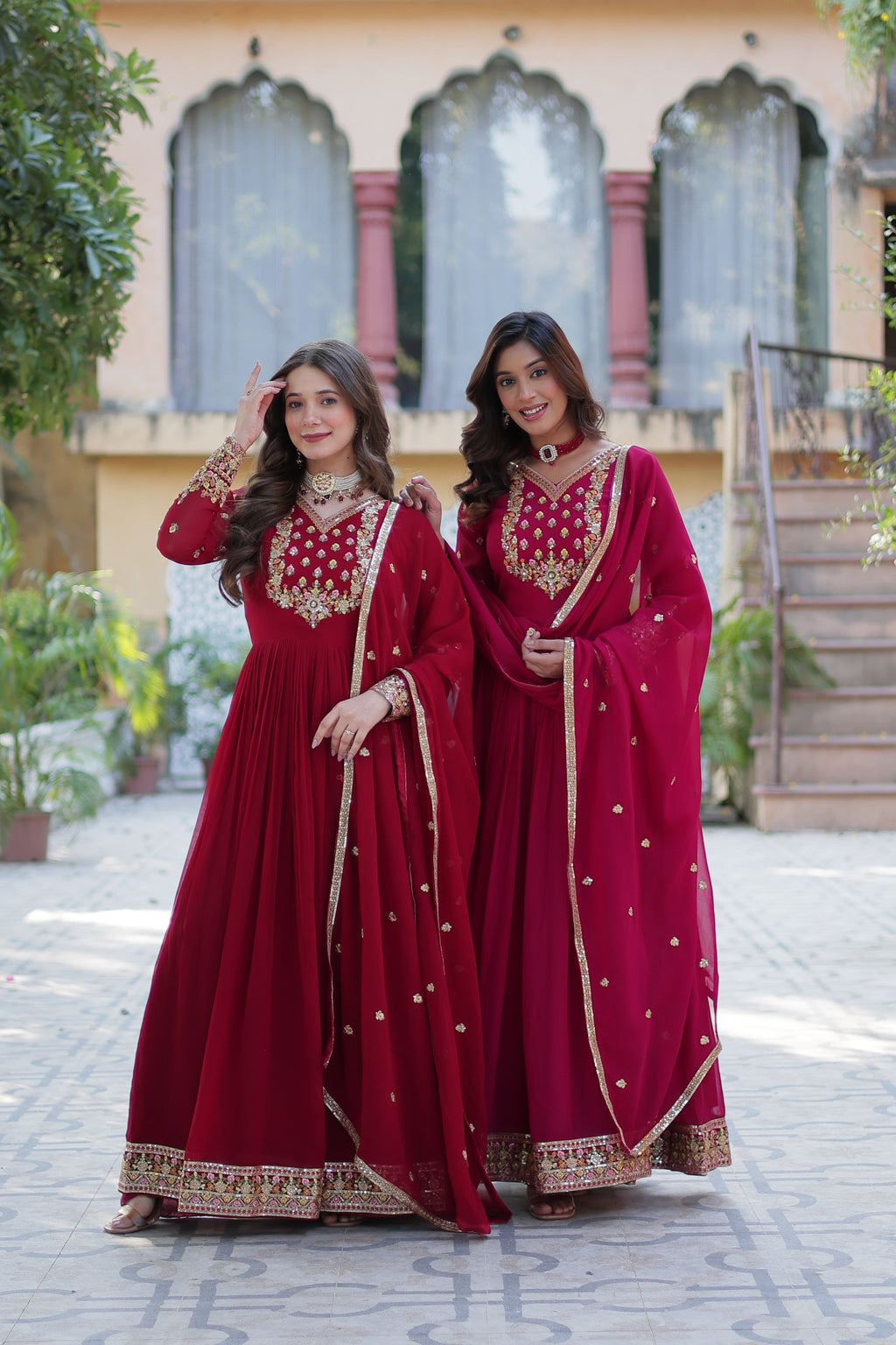 Jyoti Fashion Women's Maroon & Pink Faux Georgette Rich Sequins Embroidered Combo Anarkali Set with Dupatta | Grocsy