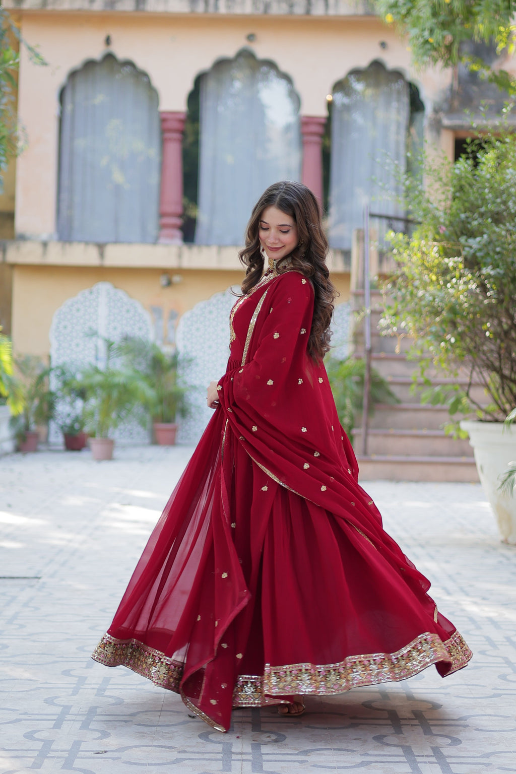 Jyoti Fashion Women's Maroon Faux Georgette Rich Sequins Embroidered Anarkali Set with Dupatta | Grocsy