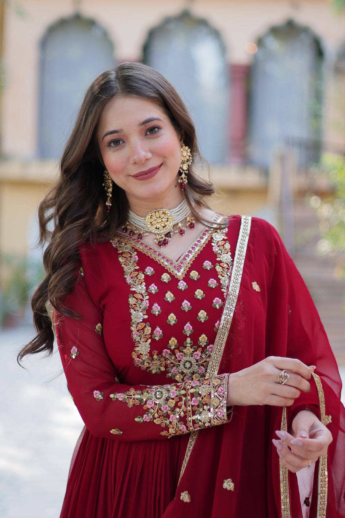 Jyoti Fashion Women's Maroon Faux Georgette Rich Sequins Embroidered Anarkali Set with Dupatta | Grocsy