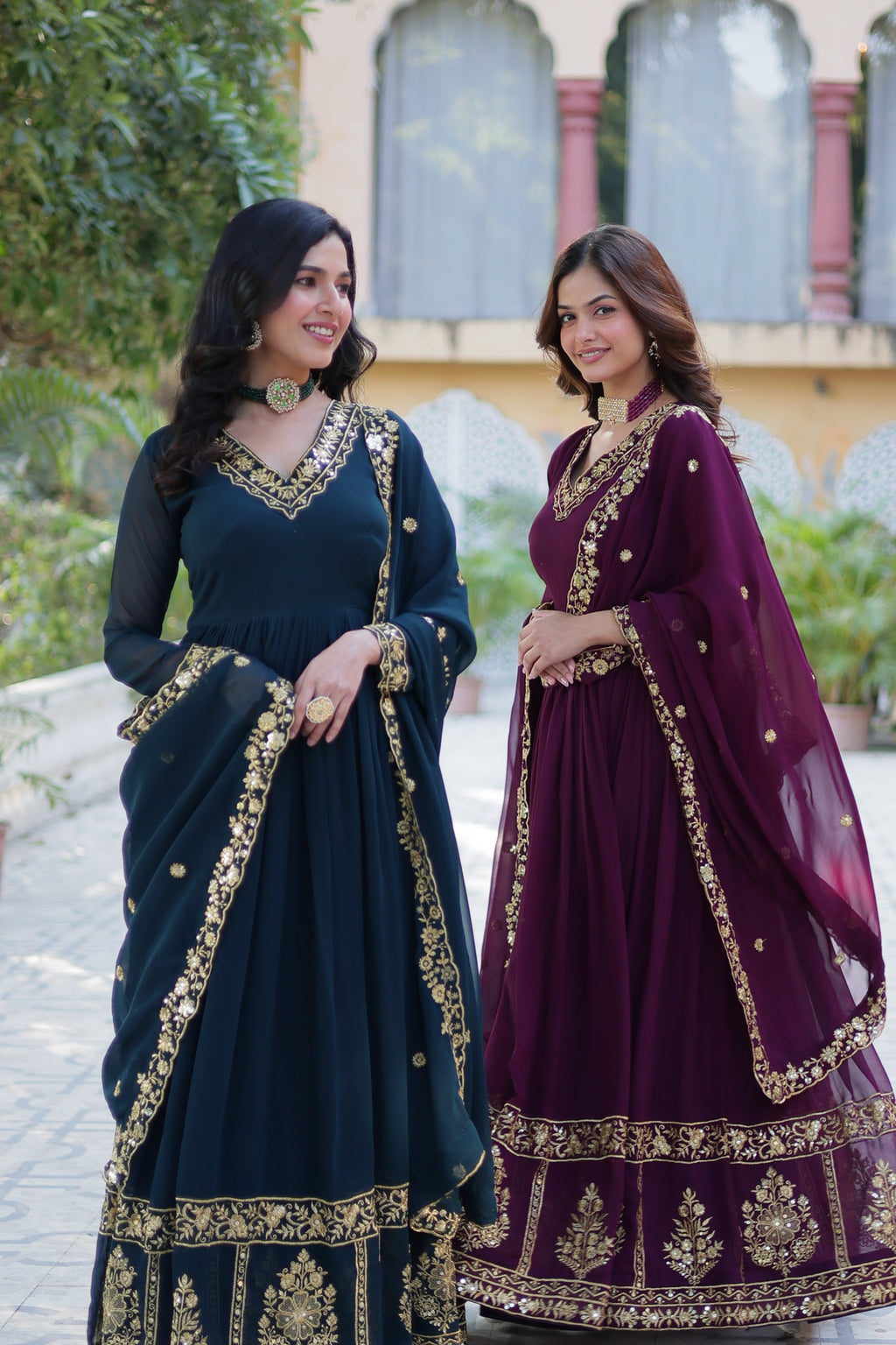 Jyoti Fashion Women's Rama & Wine Faux Georgette Zari Thread & Sequins Embroidered Combo Anarkali Set with Dupatta | Grocsy