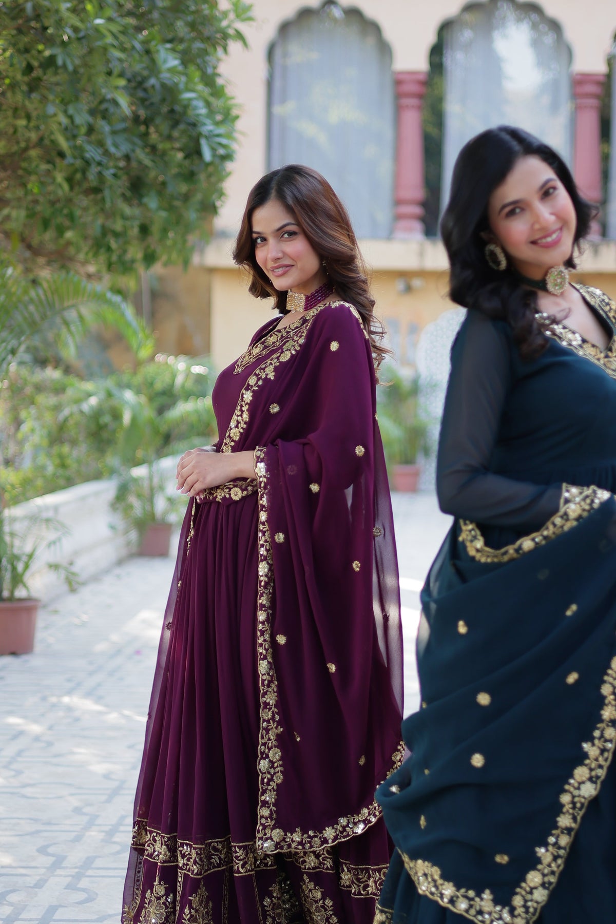 Jyoti Fashion Women's Rama & Wine Faux Georgette Zari Thread & Sequins Embroidered Combo Anarkali Set with Dupatta | Grocsy