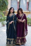 Jyoti Fashion Women's Rama & Wine Faux Georgette Zari Thread & Sequins Embroidered Combo Anarkali Set with Dupatta | Grocsy