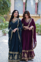 Jyoti Fashion Women's Rama & Wine Faux Georgette Zari Thread & Sequins Embroidered Combo Anarkali Set with Dupatta | Grocsy