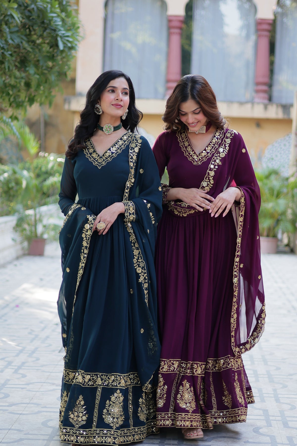 Jyoti Fashion Women's Rama & Wine Faux Georgette Zari Thread & Sequins Embroidered Combo Anarkali Set with Dupatta | Grocsy