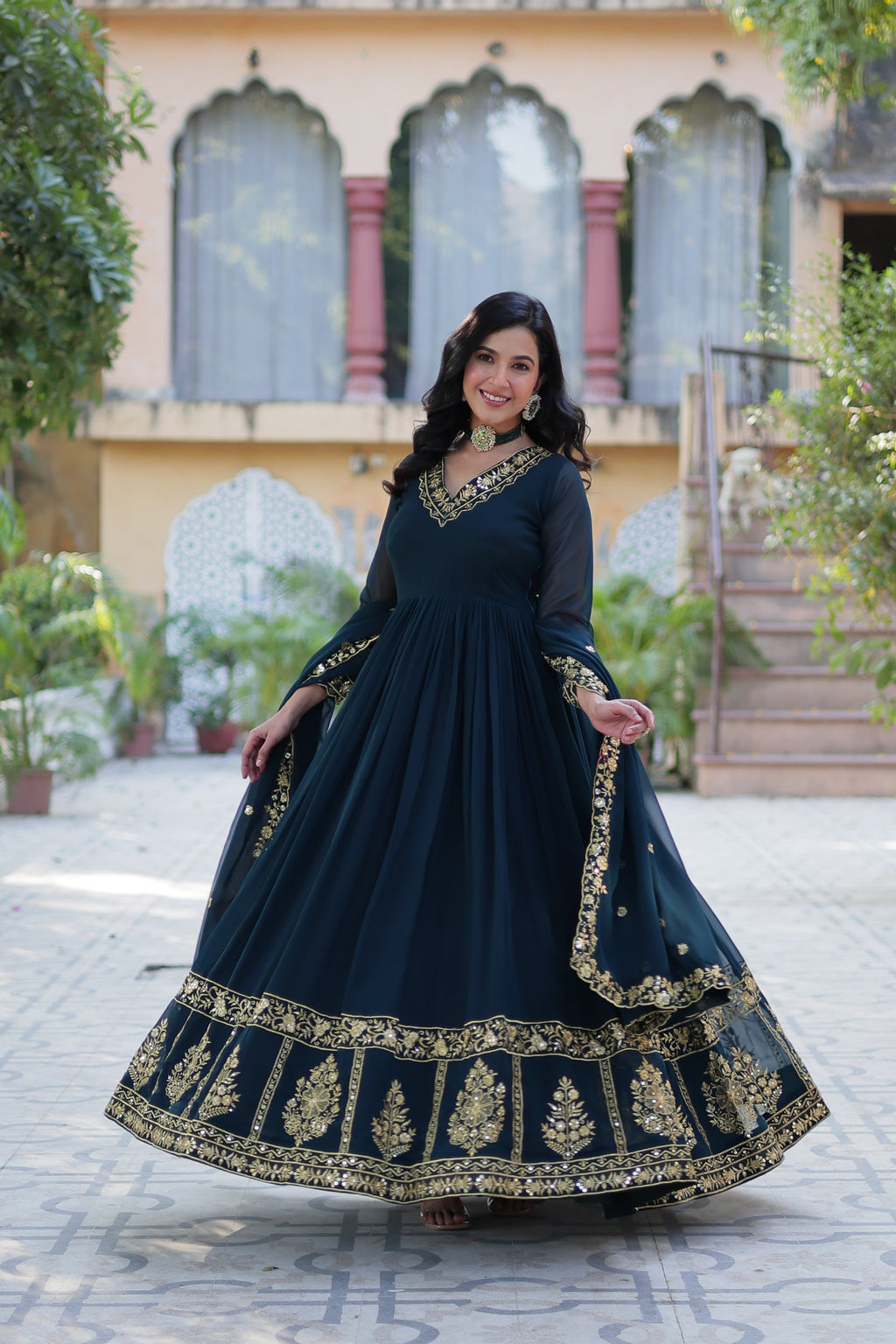 Jyoti Fashion Women's Rama Faux Georgette Zari Thread & Sequins Embroidered Anarkali Set with Dupatta | Grocsy
