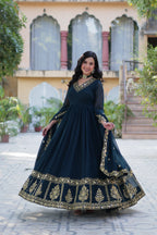 Jyoti Fashion Women's Rama Faux Georgette Zari Thread & Sequins Embroidered Anarkali Set with Dupatta | Grocsy