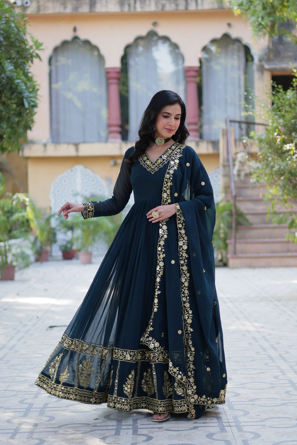 Jyoti Fashion Women's Rama Faux Georgette Zari Thread & Sequins Embroidered Anarkali Set with Dupatta | Grocsy
