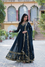 Jyoti Fashion Women's Rama Faux Georgette Zari Thread & Sequins Embroidered Anarkali Set with Dupatta | Grocsy