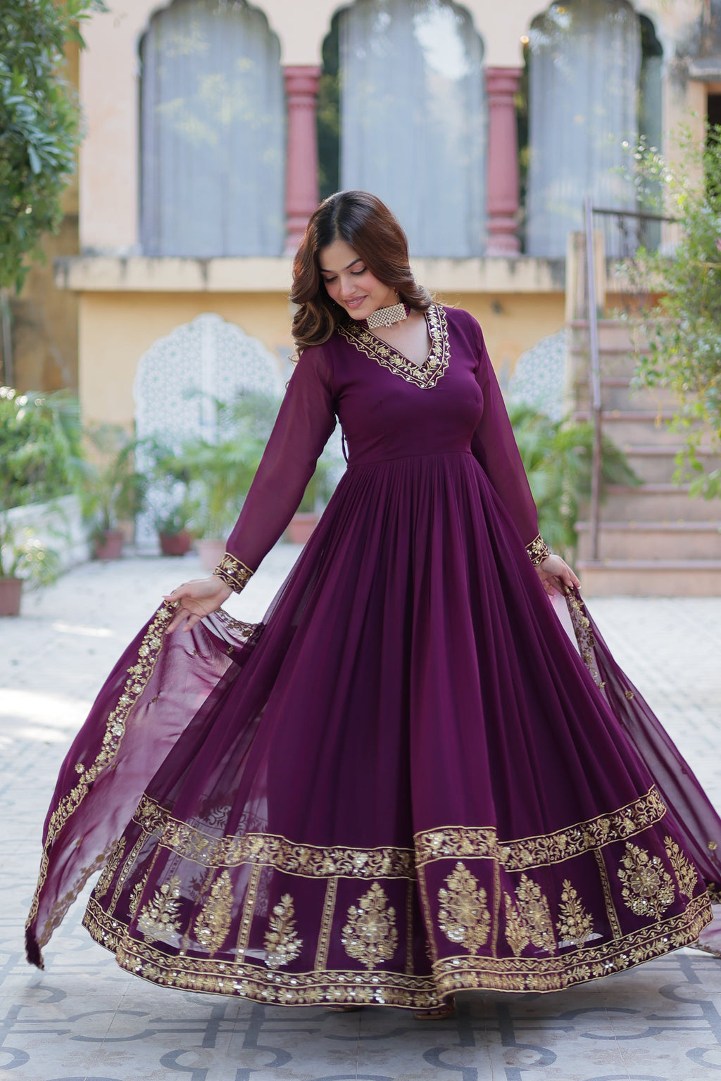 Jyoti Fashion Women's Wine Faux Georgette Zari Thread & Sequins Embroidered Anarkali Set with Dupatta | Grocsy