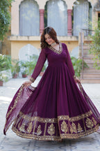 Jyoti Fashion Women's Wine Faux Georgette Zari Thread & Sequins Embroidered Anarkali Set with Dupatta | Grocsy