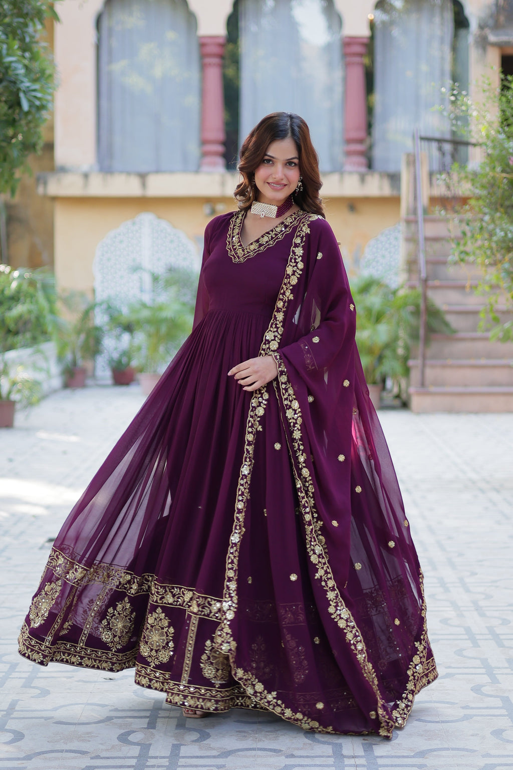 Jyoti Fashion Women's Wine Faux Georgette Zari Thread & Sequins Embroidered Anarkali Set with Dupatta | Grocsy