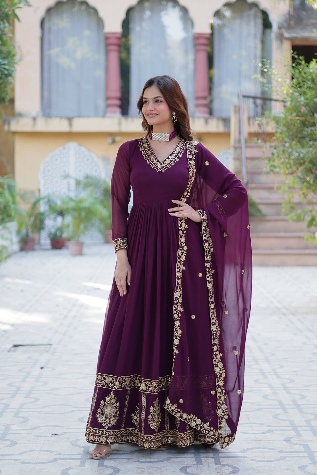 Jyoti Fashion Women's Wine Faux Georgette Zari Thread & Sequins Embroidered Anarkali Set with Dupatta | Grocsy
