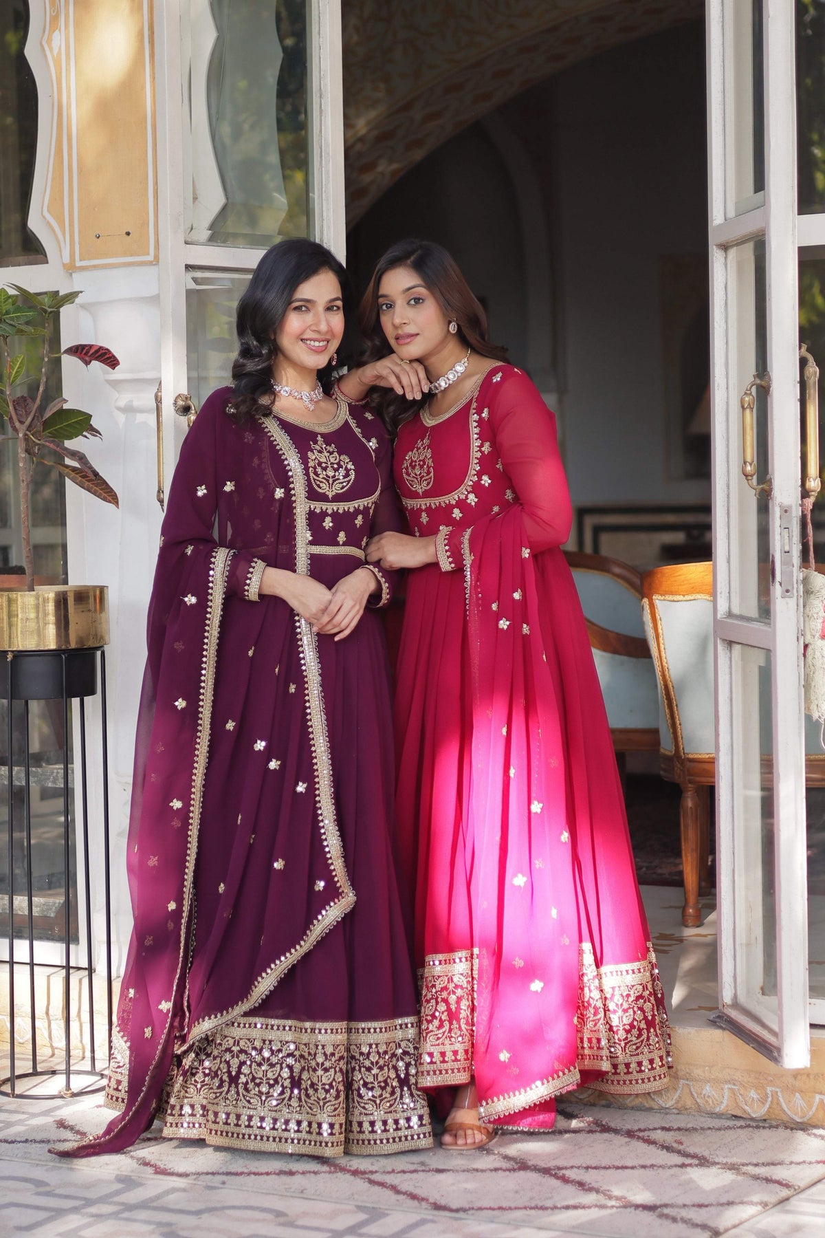 Jyoti Fashion Women's Wine & Pink Faux Georgette Rich Sequins Embroidered Combo Anarkali Set with Dupatta | Grocsy