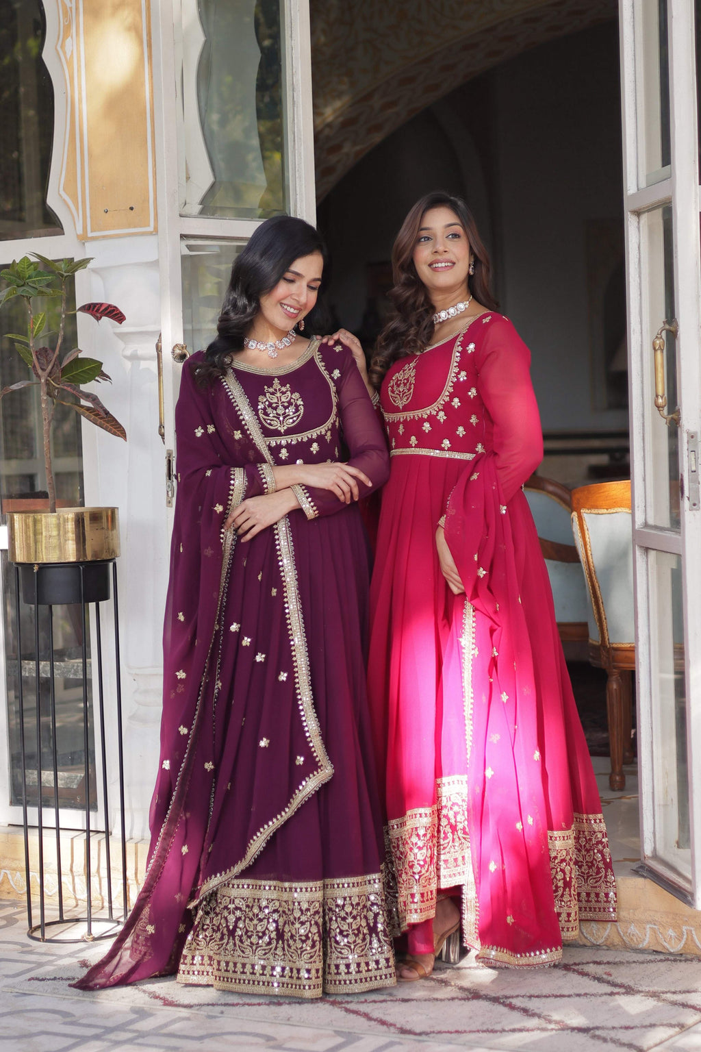 Jyoti Fashion Women's Wine & Pink Faux Georgette Rich Sequins Embroidered Combo Anarkali Set with Dupatta | Grocsy