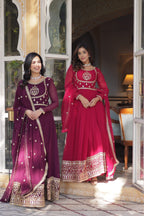 Jyoti Fashion Women's Wine & Pink Faux Georgette Rich Sequins Embroidered Combo Anarkali Set with Dupatta | Grocsy