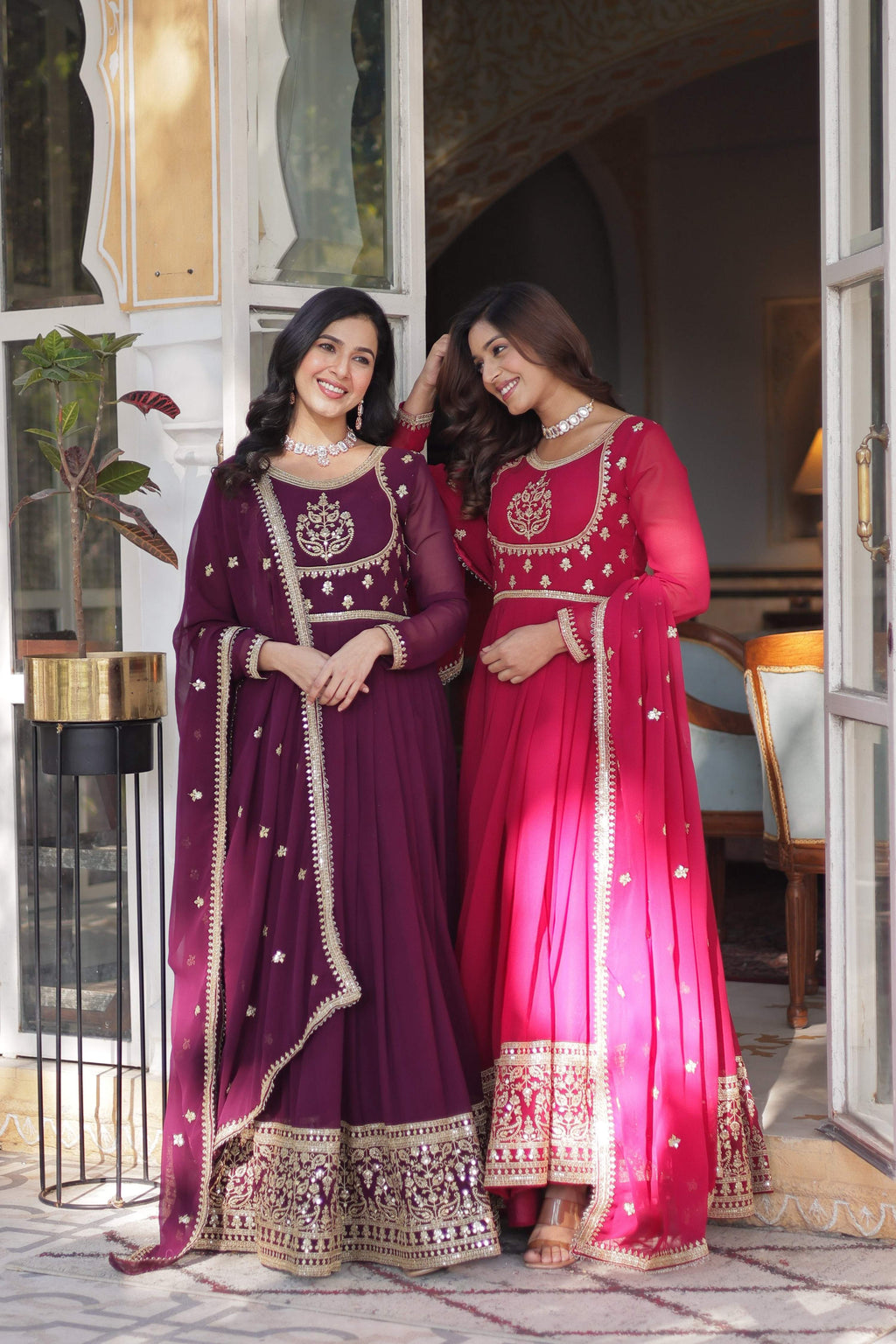 Jyoti Fashion Women's Wine & Pink Faux Georgette Rich Sequins Embroidered Combo Anarkali Set with Dupatta | Grocsy