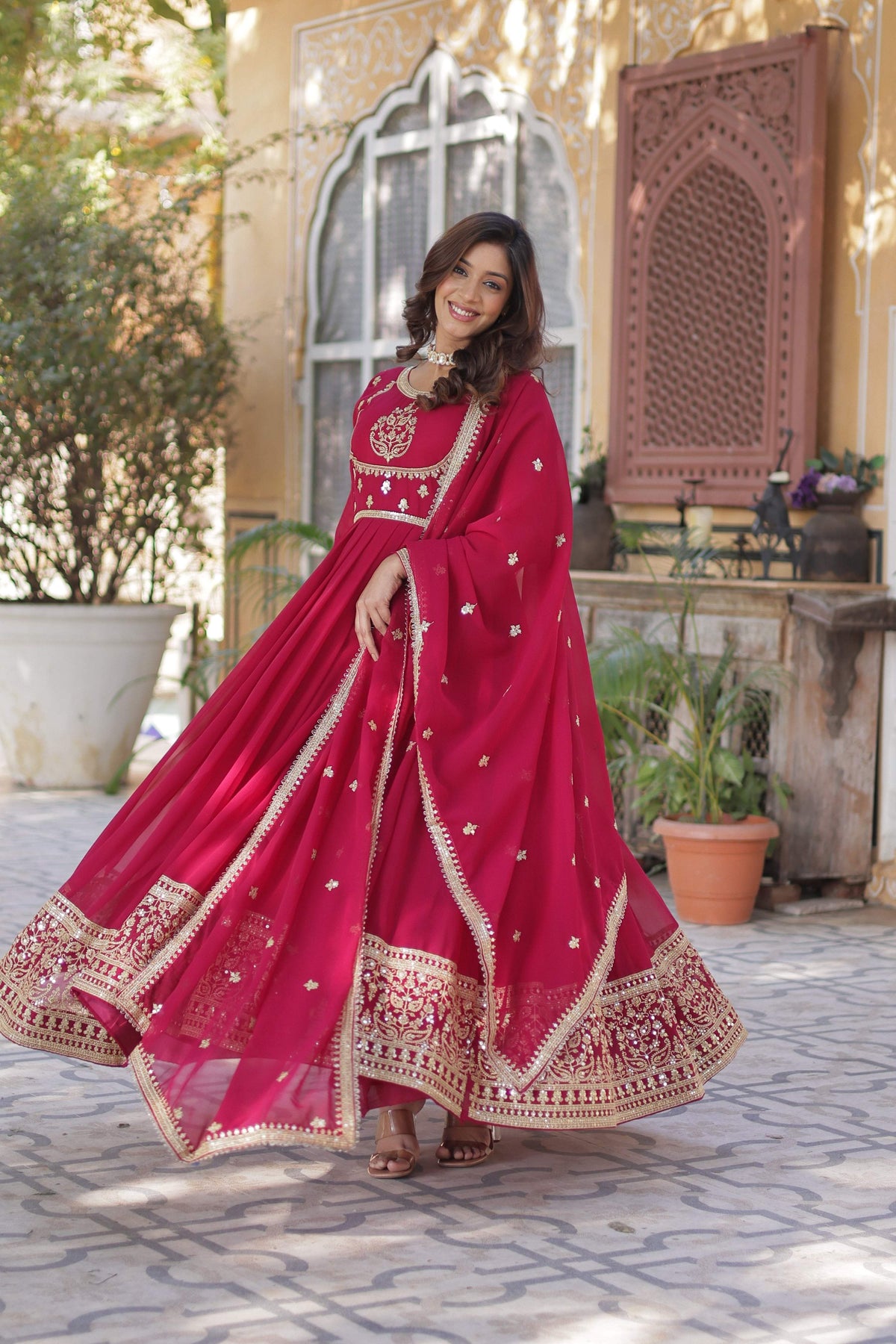 Jyoti Fashion Women's Pink Faux Georgette Rich Sequins Embroidered Anarkali Set with Dupatta | Grocsy