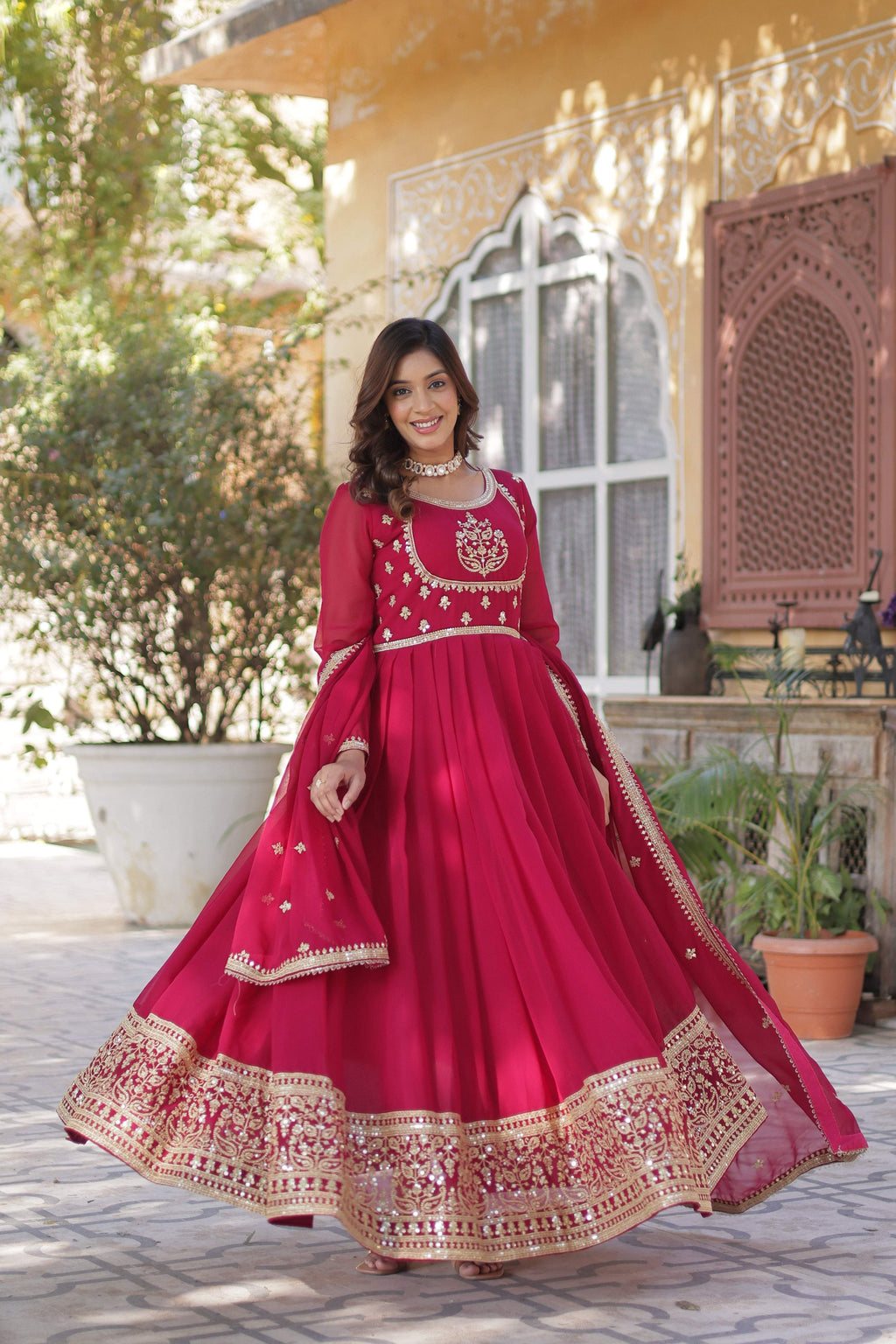 Jyoti Fashion Women's Pink Faux Georgette Rich Sequins Embroidered Anarkali Set with Dupatta | Grocsy