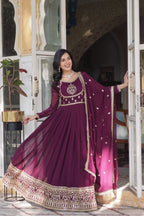 Jyoti Fashion Women's Wine Faux Georgette Rich Sequins Embroidered Anarkali Set with Dupatta | Grocsy