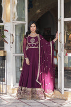 Jyoti Fashion Women's Wine Faux Georgette Rich Sequins Embroidered Anarkali Set with Dupatta | Grocsy