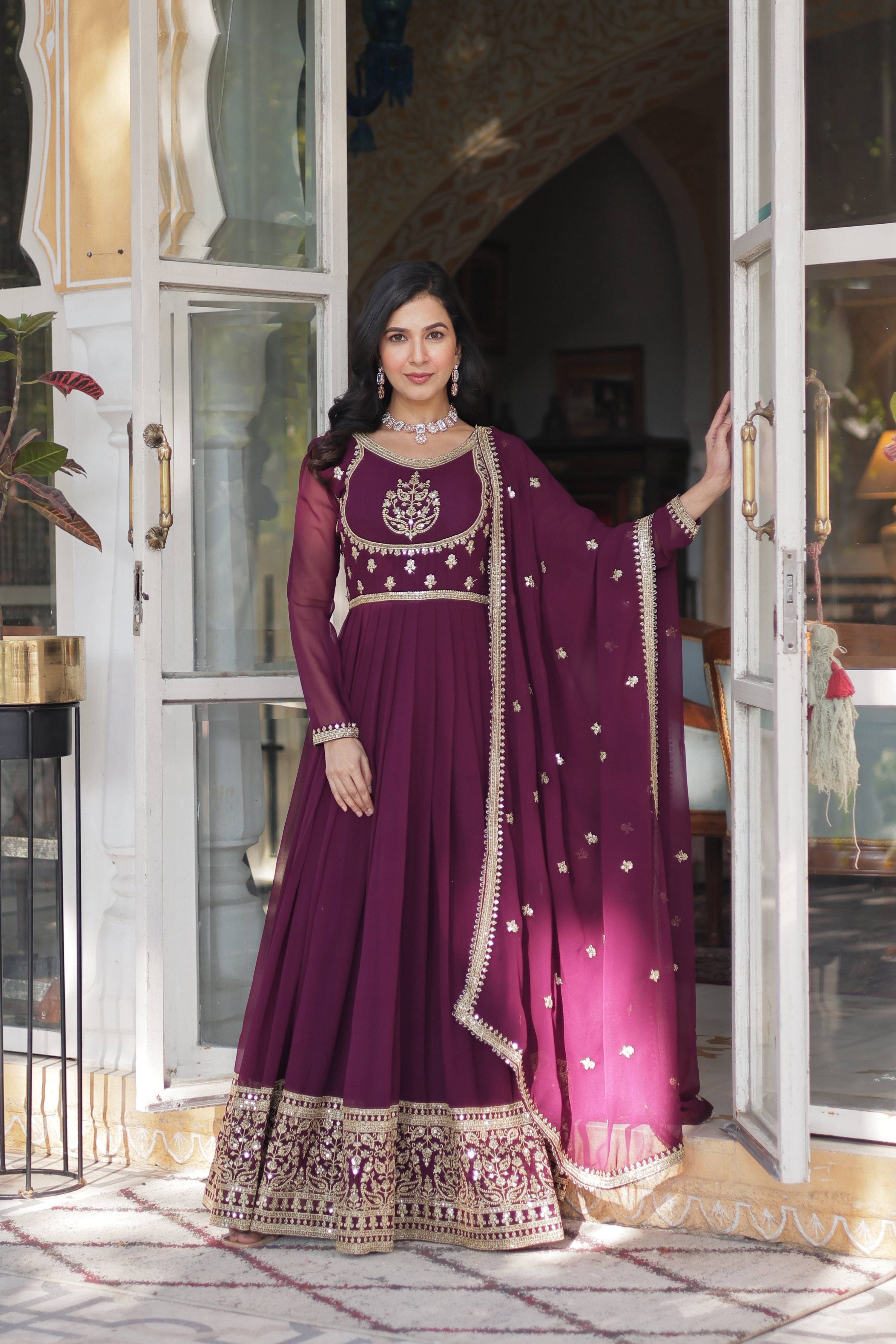 Jyoti Fashion Women's Wine Faux Georgette Rich Sequins Embroidered Anarkali Set with Dupatta | Grocsy