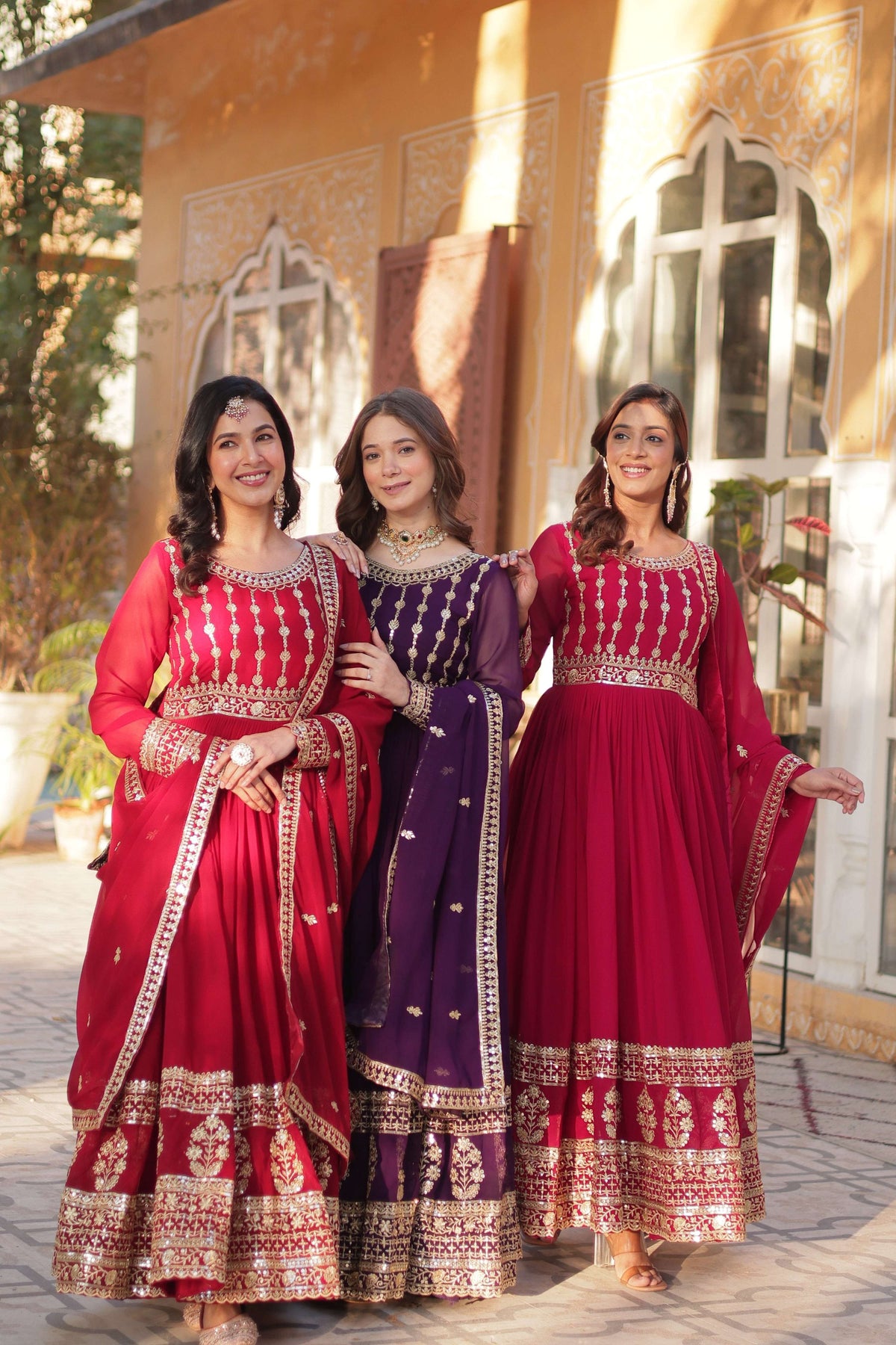 Jyoti Fashion Women's Maroon, Purple & Pink Faux Blooming Sequins Zari Embroidered Anarkali Set with Dupatta | Grocsy