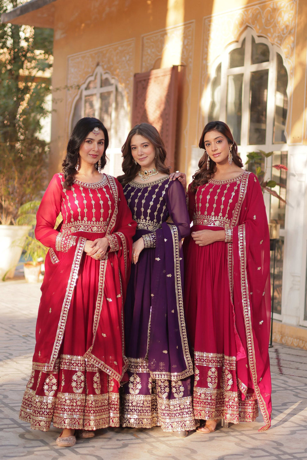 Jyoti Fashion Women's Maroon, Purple & Pink Faux Blooming Sequins Zari Embroidered Anarkali Set with Dupatta | Grocsy