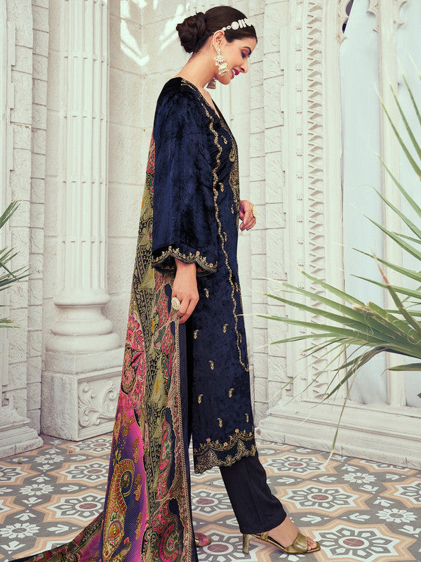 Jyoti Fashion Women's Navy Blue Velvet Cording with Digital Printed Kurta with Trouser & Dupatta | Grocsy