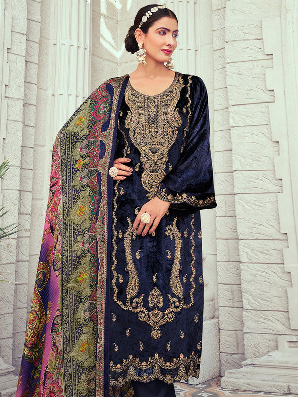Jyoti Fashion Women's Navy Blue Velvet Cording with Digital Printed Kurta with Trouser & Dupatta | Grocsy