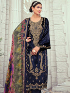 Jyoti Fashion Women's Navy Blue Velvet Cording with Digital Printed Kurta with Trouser & Dupatta | Grocsy