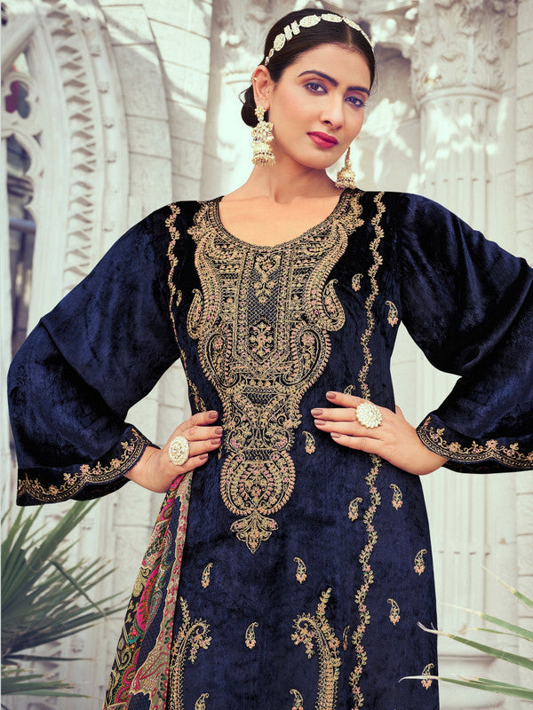 Jyoti Fashion Women's Navy Blue Velvet Cording with Digital Printed Kurta with Trouser & Dupatta | Grocsy