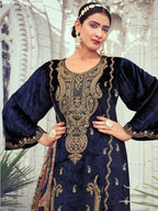 Jyoti Fashion Women's Navy Blue Velvet Cording with Digital Printed Kurta with Trouser & Dupatta | Grocsy