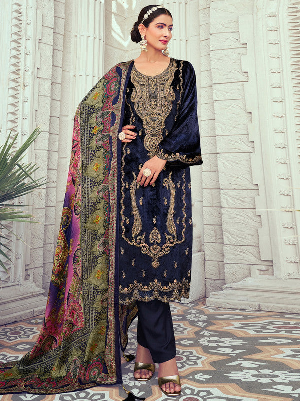 Jyoti Fashion Women's Navy Blue Velvet Cording with Digital Printed Kurta with Trouser & Dupatta | Grocsy