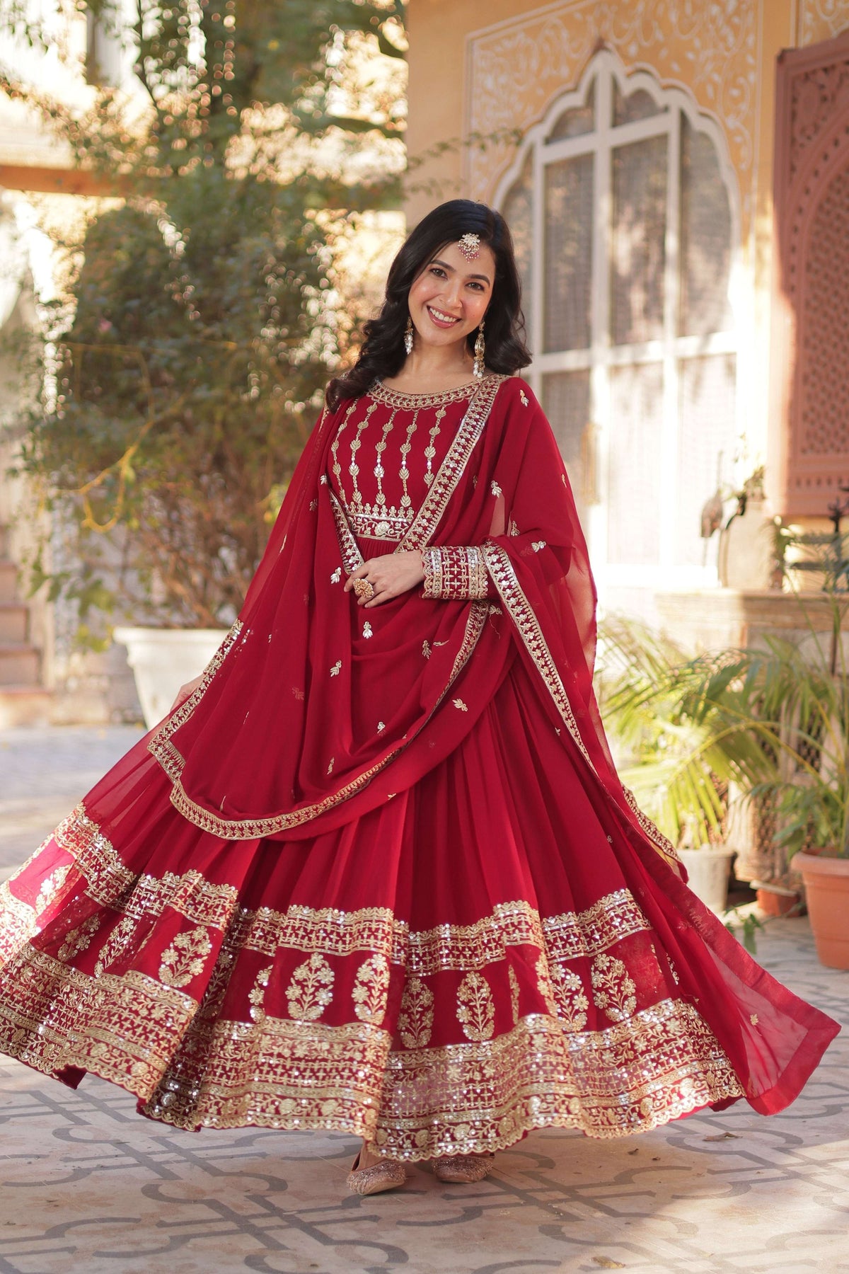 Jyoti Fashion Women's Maroon Faux Blooming Sequins Zari Embroidered Anarkali Set with Dupatta | Grocsy