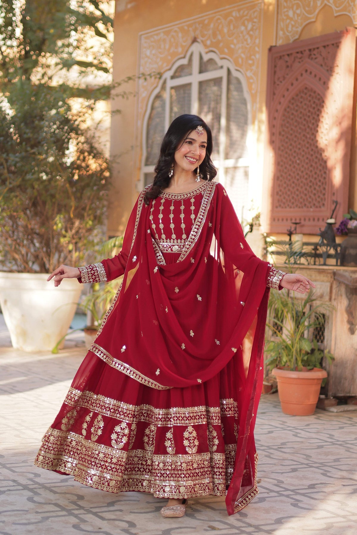 Jyoti Fashion Women's Maroon Faux Blooming Sequins Zari Embroidered Anarkali Set with Dupatta | Grocsy