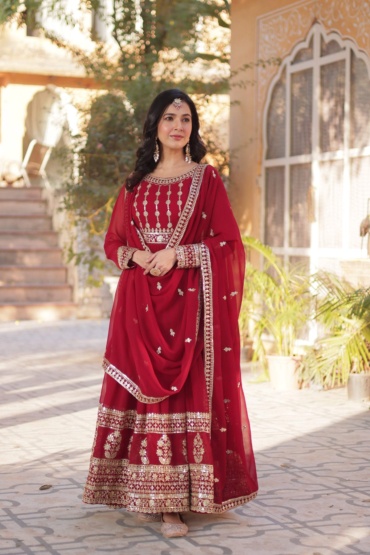 Jyoti Fashion Women's Maroon Faux Blooming Sequins Zari Embroidered Anarkali Set with Dupatta | Grocsy