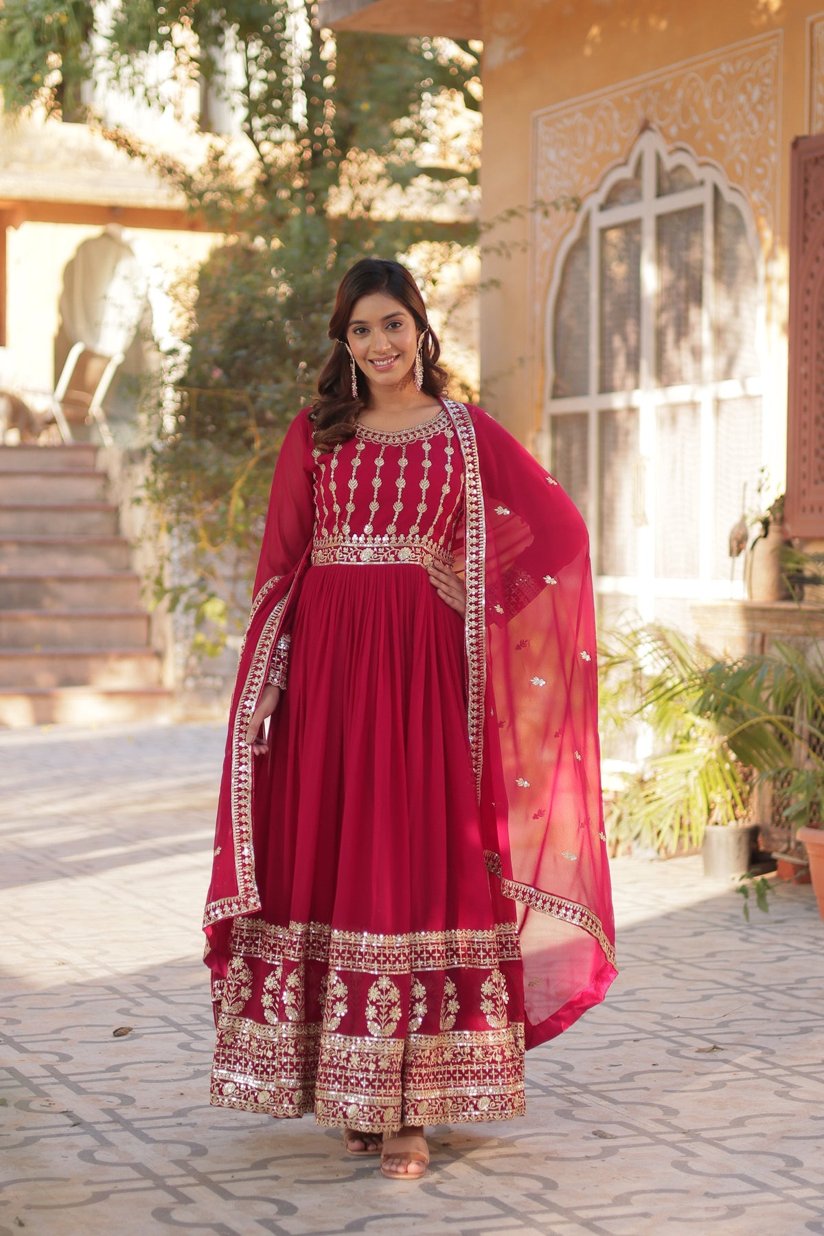 Jyoti Fashion Women's Pink Faux Blooming Sequins Zari Embroidered Anarkali Set with Dupatta | Grocsy